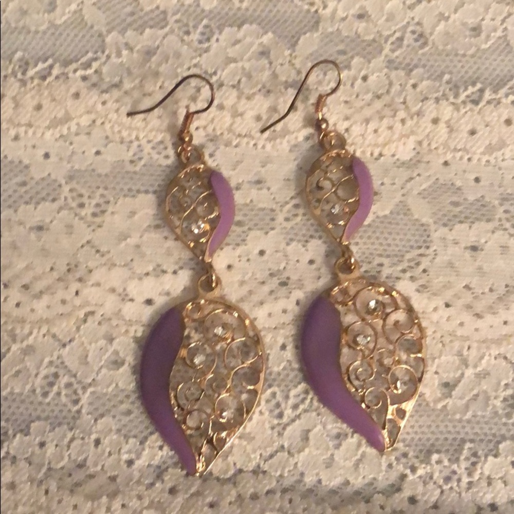 Lilac & Gold Drop Earrings w/ Faux Diamond Accents